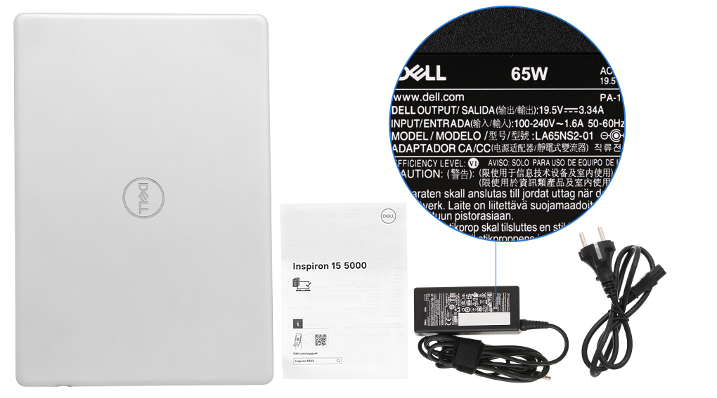 Bộ sản phẩm gồm: Sách hướng dẫn, Thùng máy, Sạc Laptop Dell