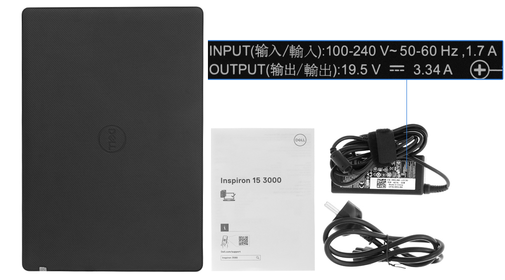 Bộ sản phẩm gồm: Sách hướng dẫn, Thùng máy, Sạc Laptop Dell