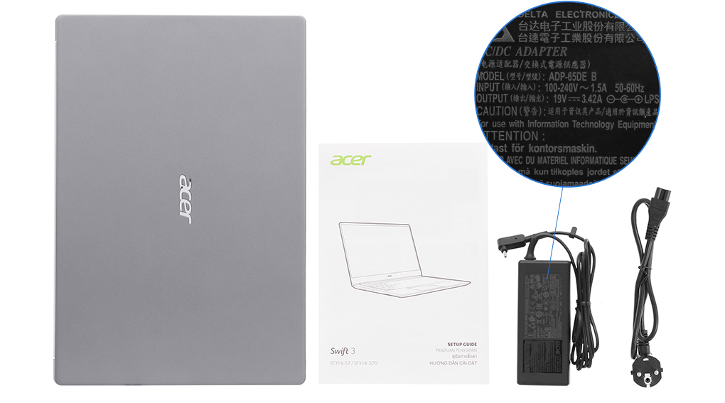 Bộ sản phẩm gồm: Dây nguồn, Sách hướng dẫn, Thùng máy, Sạc Laptop Acer