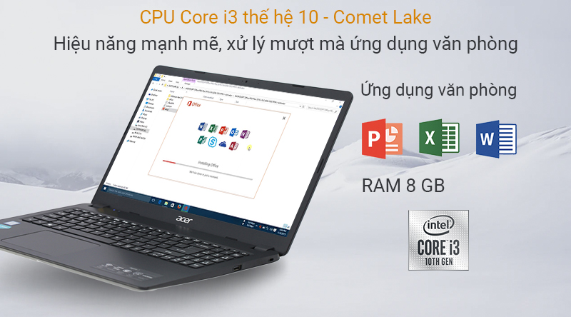 Laptop Acer Aspire A315 54 368N sở hữu bộ vi xử lý Intel Core i3 Comet Lake thế hệ 10