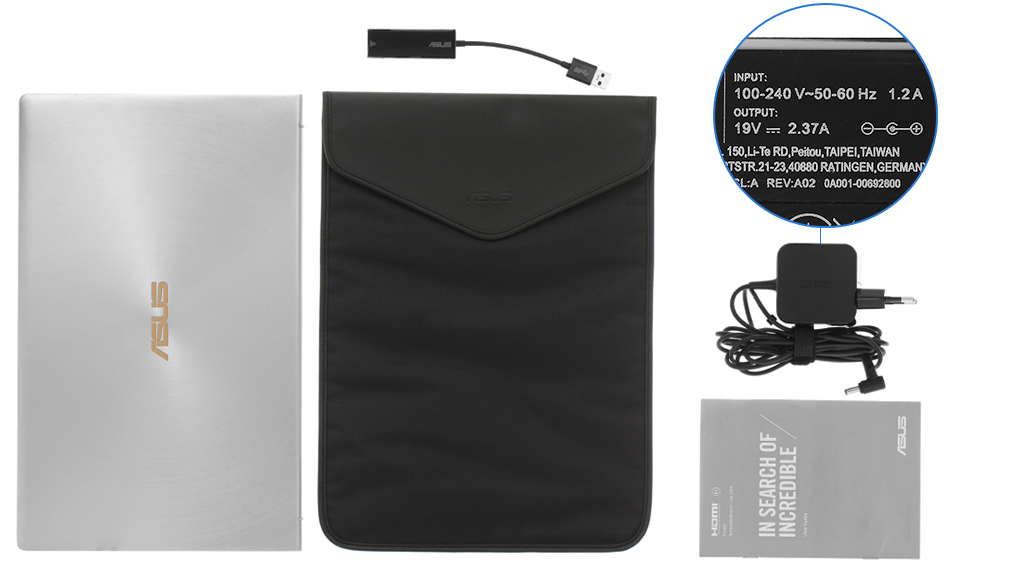Bộ sản phẩm gồm: Sách hướng dẫn, Bao da, Thùng máy, Cáp, Sạc Laptop Asus
