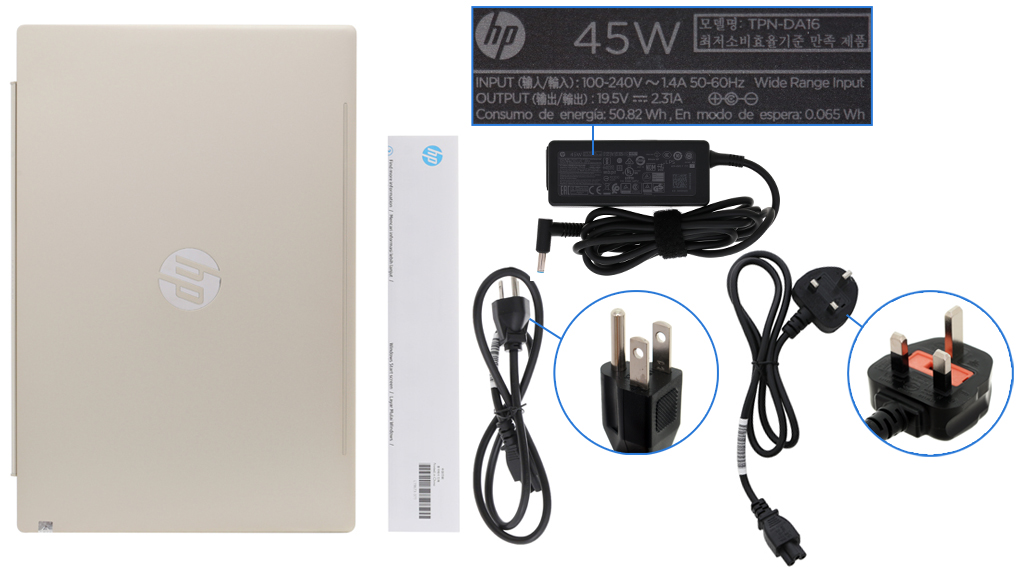 Bộ sản phẩm gồm: Dây nguồn ( 2 dây ) , Sách hướng dẫn, Thùng máy, Sạc Laptop HP