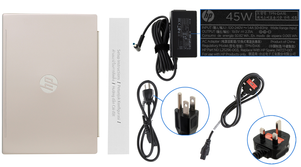Bộ sản phẩm gồm: Dây nguồn ( 2 dây ) , Sách hướng dẫn, Thùng máy, Sạc Laptop HP