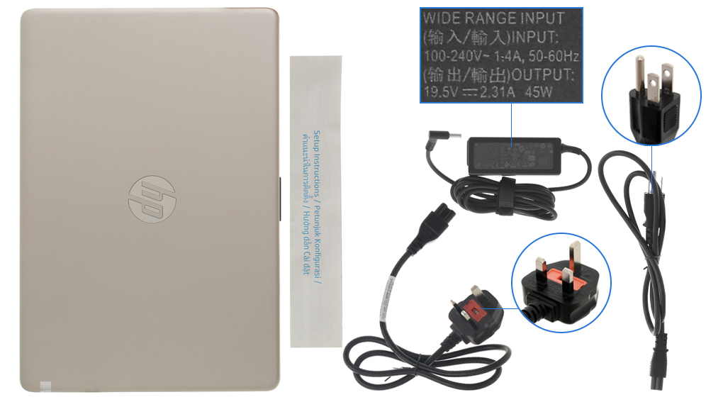 Bộ sản phẩm gồm: Dây nguồn ( 2 dây ) , Sách hướng dẫn, Thùng máy, Sạc Laptop HP