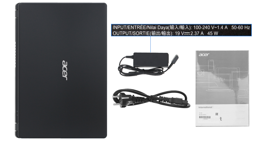 Bộ sản phẩm gồm: Sách hướng dẫn, Thùng máy, Sạc Laptop Acer