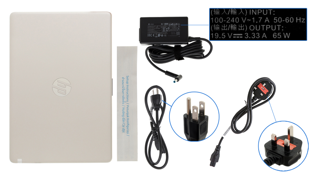 Bộ sản phẩm gồm: Dây nguồn ( 2 dây ) , Sách hướng dẫn, Thùng máy, Sạc Laptop HP