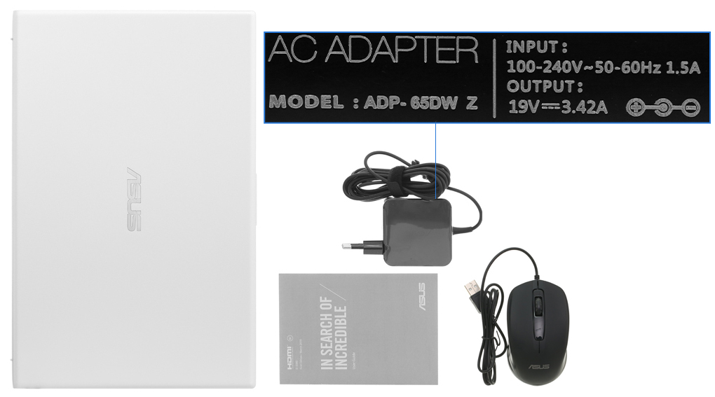 Bộ sản phẩm gồm: Sách hướng dẫn, Chuột, Thùng máy, Sạc Laptop Asus