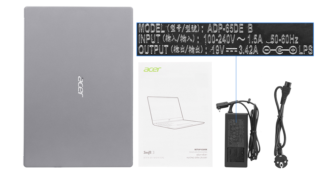 Bộ sản phẩm gồm: Sách hướng dẫn, Thùng máy, Sạc Laptop Acer