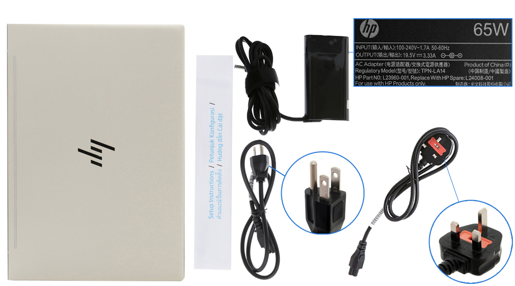 Bộ sản phẩm gồm: Dây nguồn, Sách hướng dẫn, Thùng máy, Sạc Laptop HP