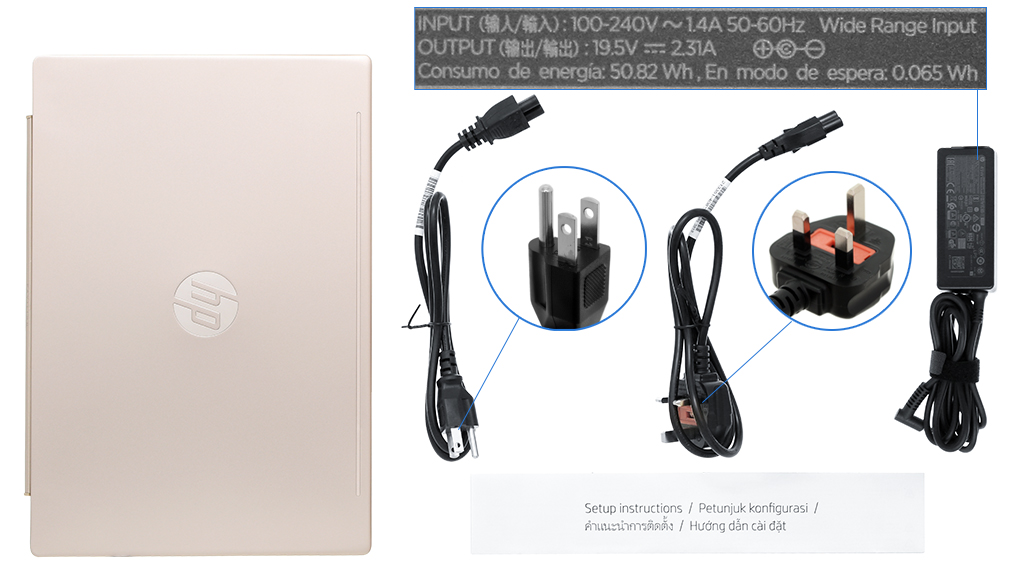 Bộ sản phẩm gồm: Dây nguồn ( 2 dây ) , Sách hướng dẫn, Thùng máy, Sạc Laptop HP