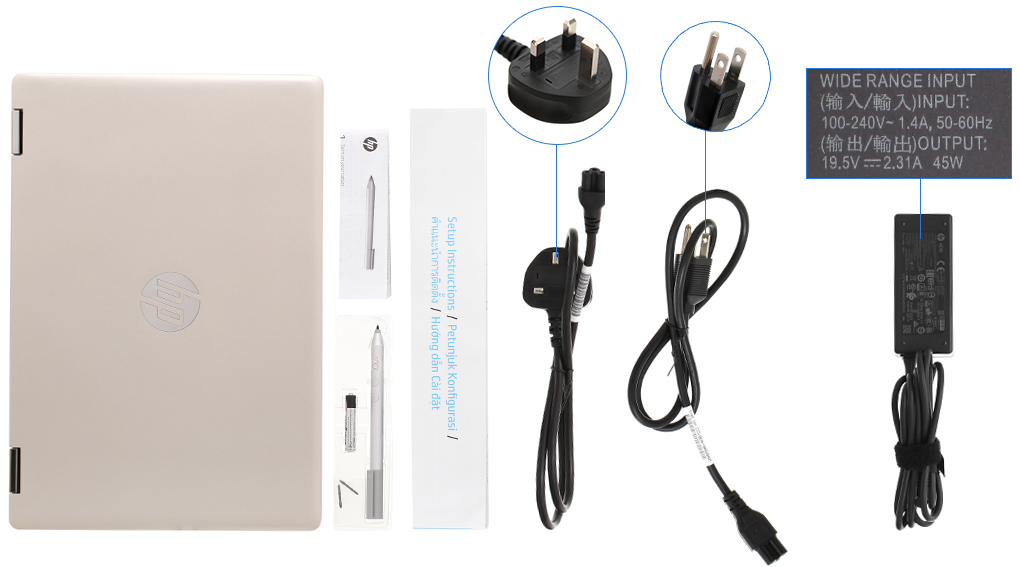 Bộ sản phẩm gồm: Dây nguồn ( 2 dây ) , Sách hướng dẫn, Bút cảm ứng, Thùng máy, Sạc Laptop HP