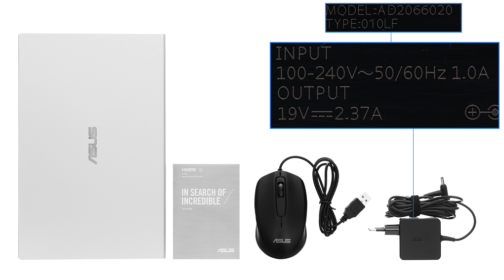 Bộ sản phẩm gồm: Sách hướng dẫn, Chuột, Thùng máy, Sạc Laptop Asus