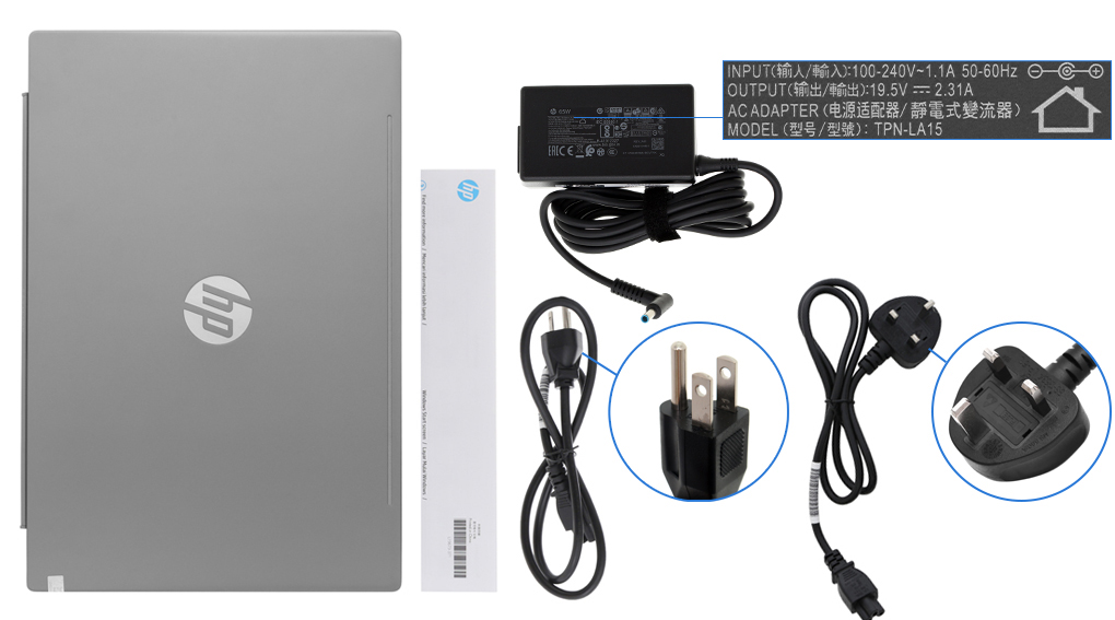 Bộ sản phẩm gồm: Dây nguồn, Sách hướng dẫn, Thùng máy, Sạc Laptop HP