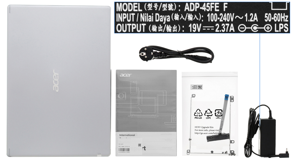 Bộ sản phẩm gồm: Dây nguồn, Sách hướng dẫn, Thùng máy, Cáp ( nâng cấp HDD ) , Sạc Laptop Acer