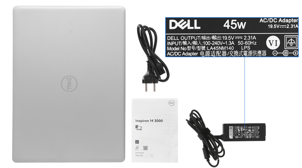 Bộ sản phẩm gồm: Dây nguồn, Sách hướng dẫn, Thùng máy, Sạc Laptop Dell