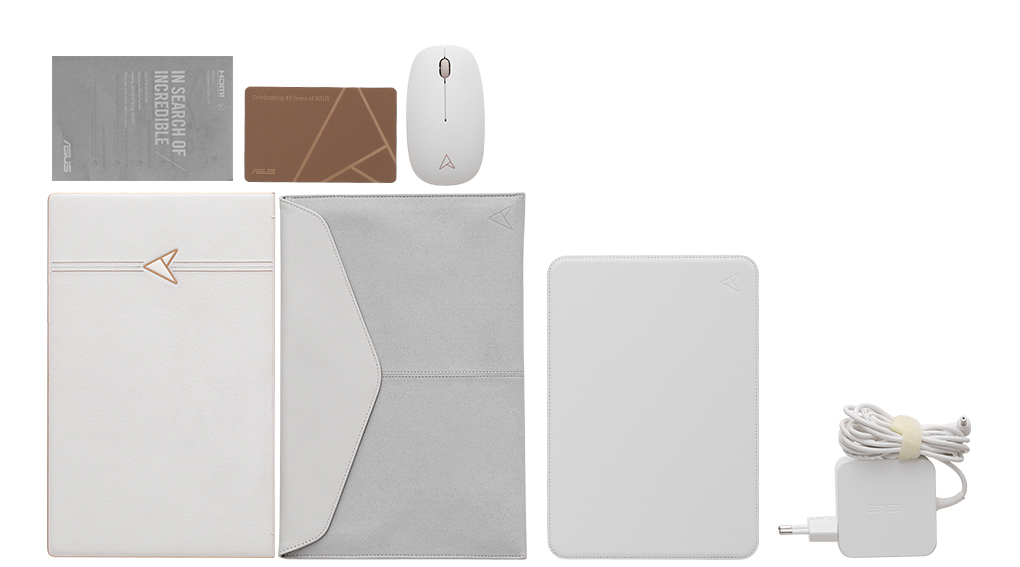 Bộ sản phẩm gồm: Sách hướng dẫn, Bao da, Chuột, Sạc Laptop Asus