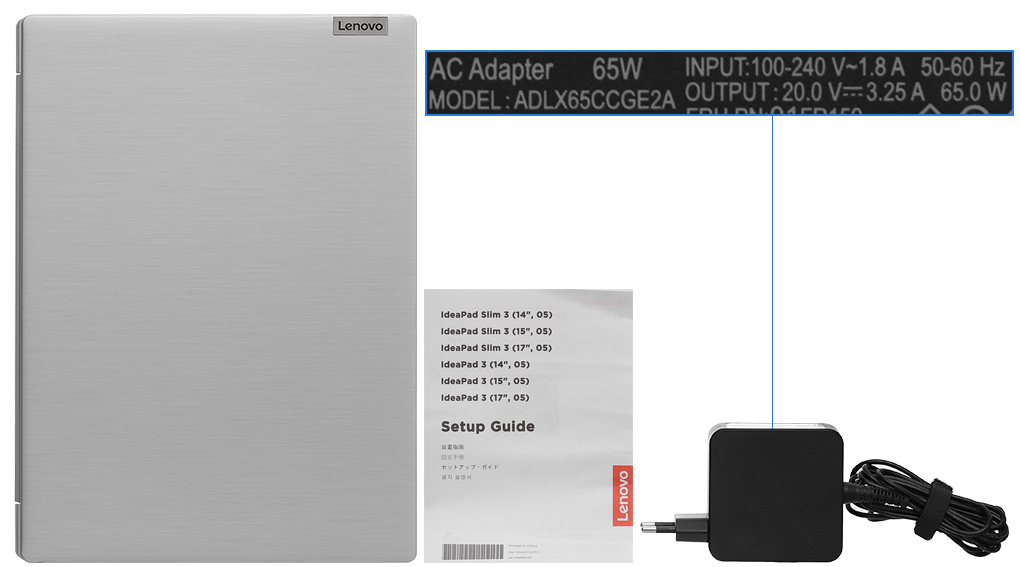 Bộ sản phẩm gồm: Sách hướng dẫn, Thùng máy, Sạc Laptop Lenovo