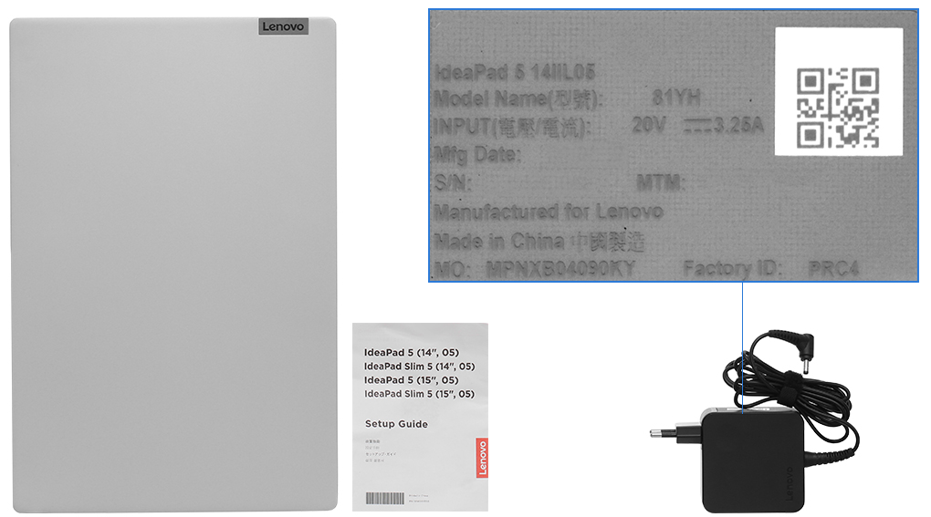 Bộ sản phẩm gồm: Sách hướng dẫn, Thùng máy, Sạc Laptop Lenovo