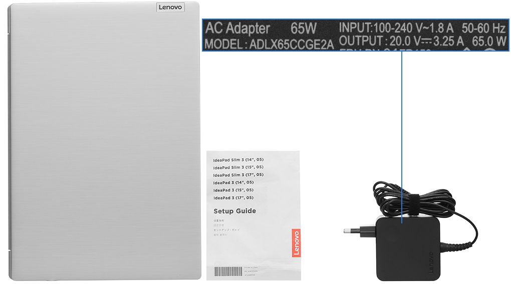 Bộ sản phẩm gồm: Sách hướng dẫn, Thùng máy, Sạc Laptop Lenovo