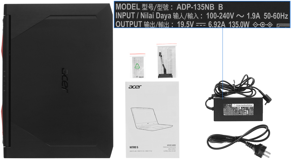 Bộ sản phẩm gồm: Dây nguồn, Sách hướng dẫn, Thùng máy, Cáp ( kít nâng cấp ) , Sạc Laptop Acer