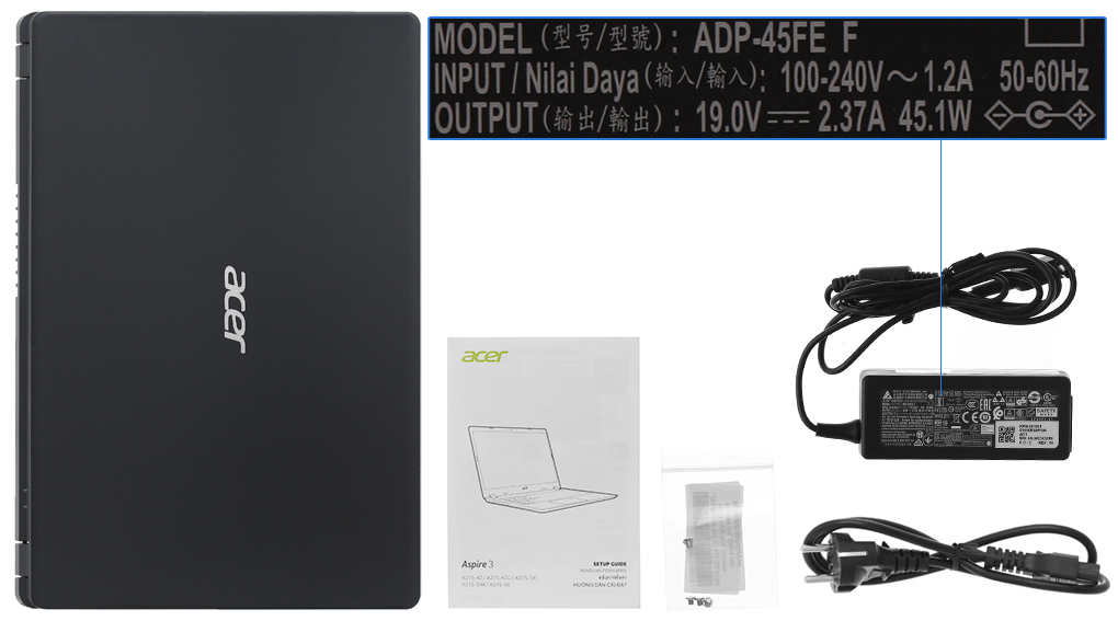 Bộ sản phẩm gồm: Sách hướng dẫn, Thùng máy, Sạc Laptop Acer