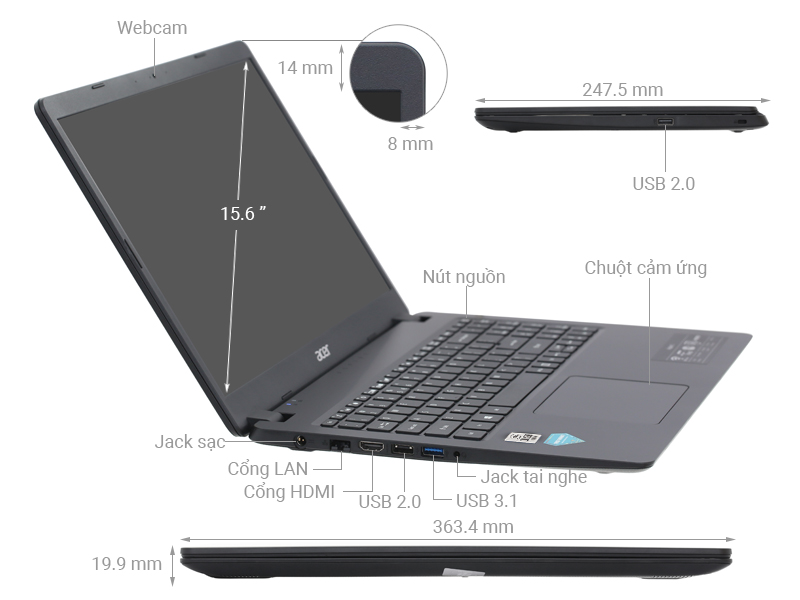 Laptop Acer Aspire A315 56 308N i3 1005G1/4GB/256GB/Win10 (NX.HS5SV.00C)