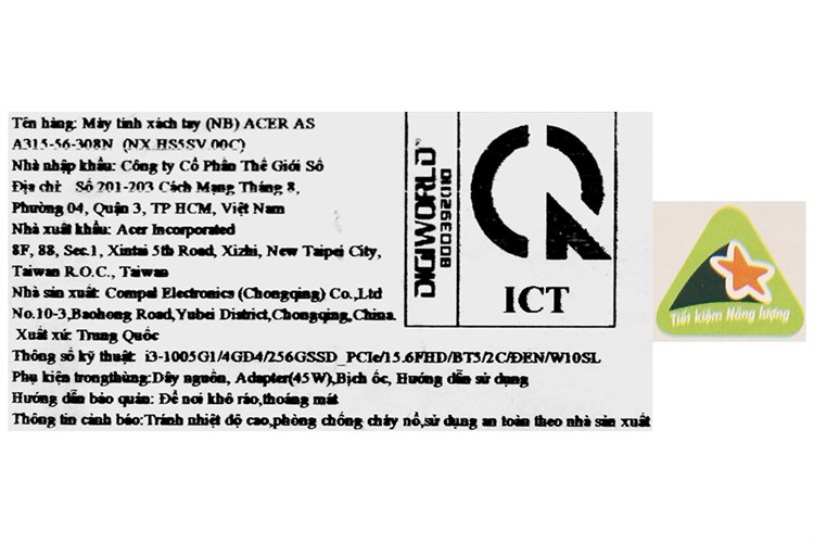 Laptop Acer Aspire A315 56 308N i3 1005G1/4GB/256GB/Win10 (NX.HS5SV.00C) Màu Đen