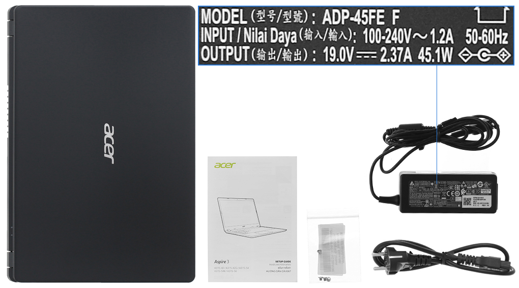 Bộ sản phẩm gồm: Sách hướng dẫn, Thùng máy, Sạc Laptop Acer