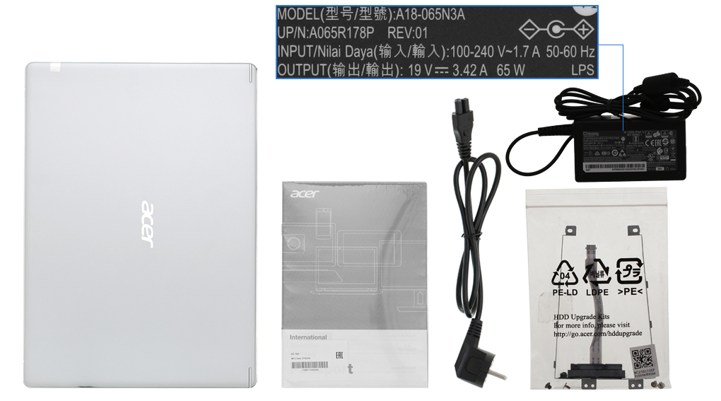 Bộ sản phẩm gồm: Sách hướng dẫn, Thùng máy, Sạc Laptop Acer