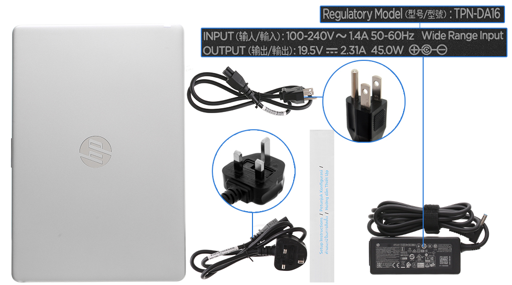 Bộ sản phẩm gồm: Dây nguồn, Sách hướng dẫn, Thùng máy, Sạc Laptop HP