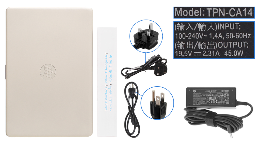 Bộ sản phẩm gồm: Dây nguồn, Sách hướng dẫn, Sạc Laptop HP