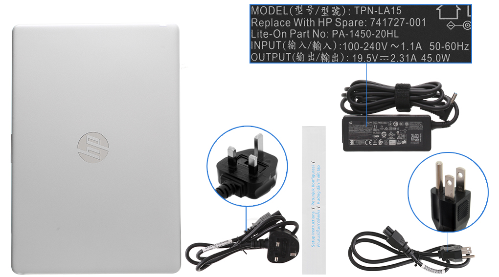 Bộ sản phẩm gồm: Dây nguồn, Sách hướng dẫn, Sạc Laptop HP