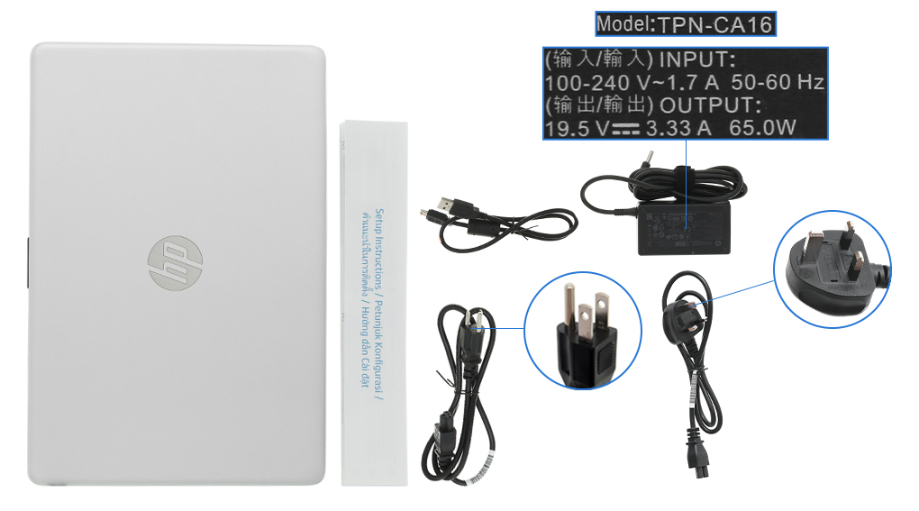 Bộ sản phẩm gồm: Dây nguồn, Sách hướng dẫn, Sạc Laptop HP