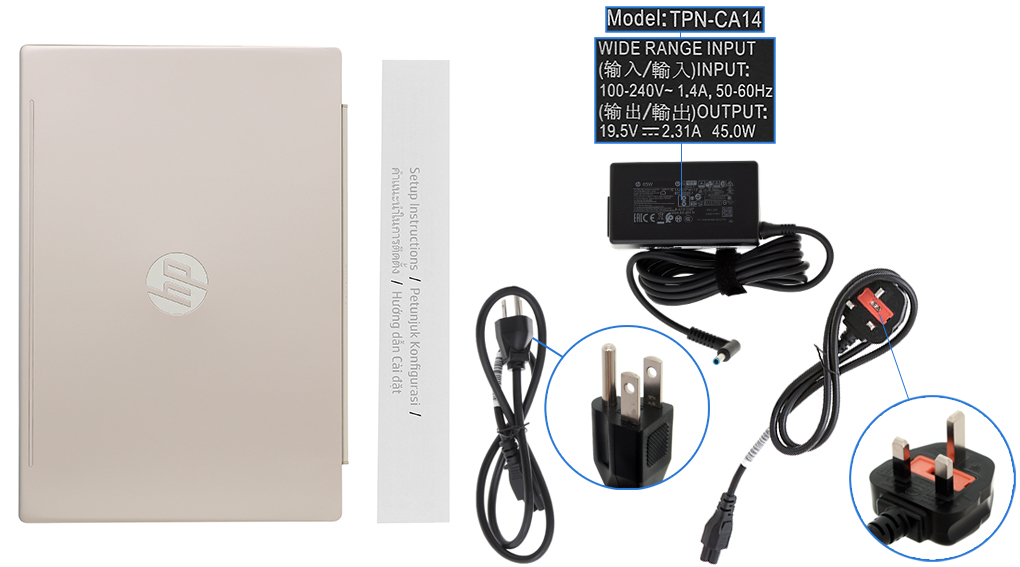 Bộ sản phẩm gồm: Dây nguồn, Sách hướng dẫn, Sạc Laptop HP