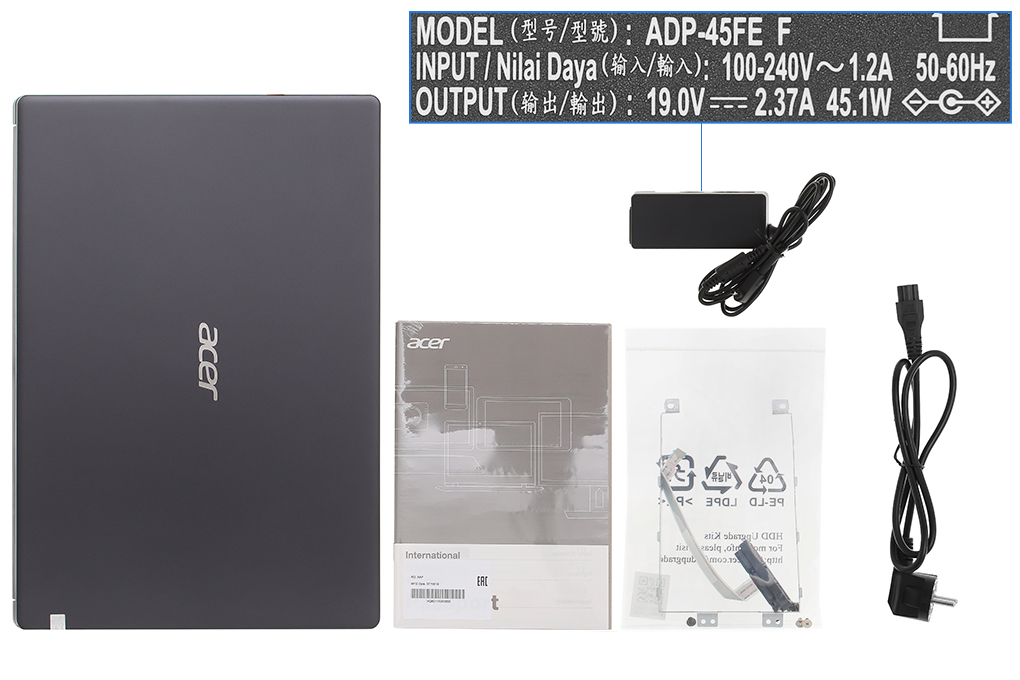Bộ sản phẩm gồm: Dây nguồn, Thùng máy, Sạc Laptop Acer