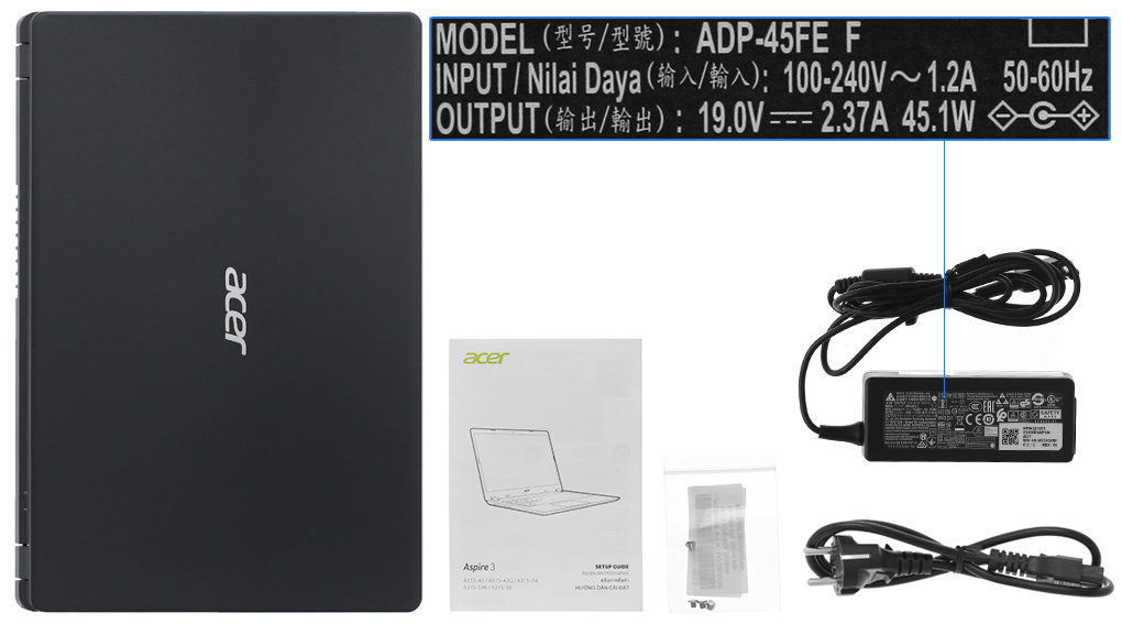 Bộ sản phẩm gồm: Sách hướng dẫn, Thùng máy, Sạc Laptop Acer