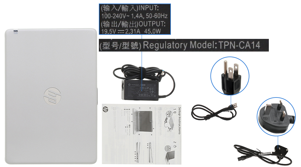 Bộ sản phẩm gồm: Dây nguồn ( 2 dây ) , Sách hướng dẫn, Thùng máy, Sạc Laptop HP