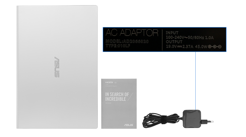 Bộ sản phẩm gồm: Sách hướng dẫn, Thùng máy, Sạc Laptop Asus