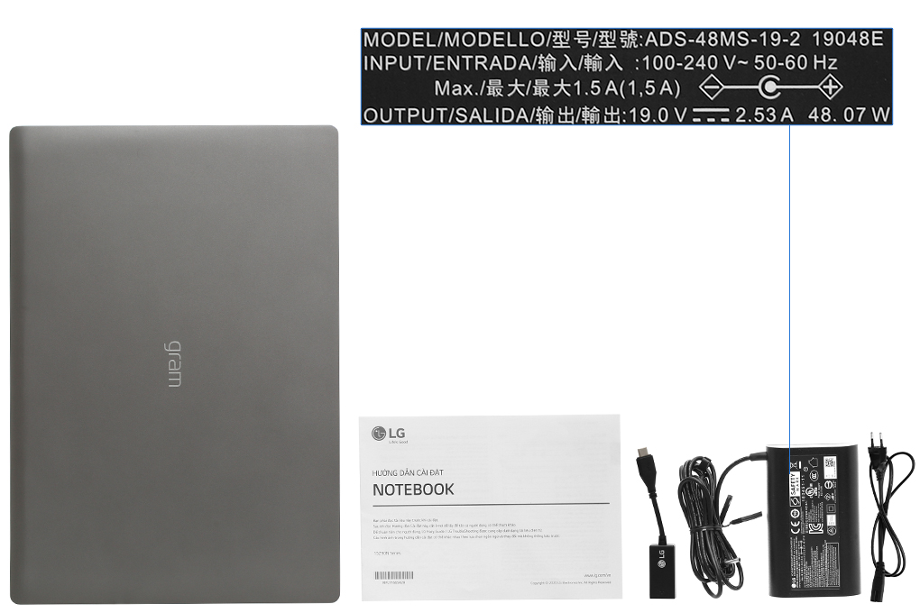 Bộ sản phẩm gồm: Dây nguồn, Cáp, Sạc Laptop LG