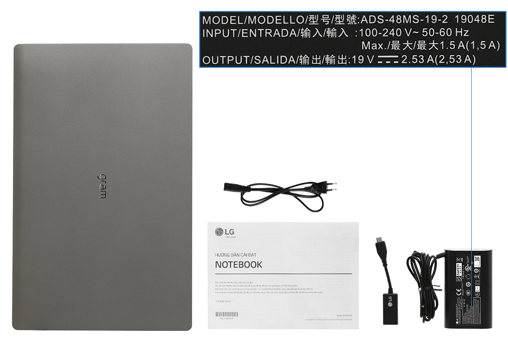 Bộ sản phẩm gồm: Dây nguồn, Cáp, Sạc Laptop LG