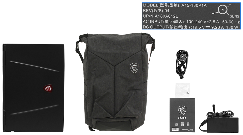 Bộ sản phẩm gồm: Dây nguồn, Sách hướng dẫn, Balo ( Trong thùng máy ) , Sạc Laptop MSI