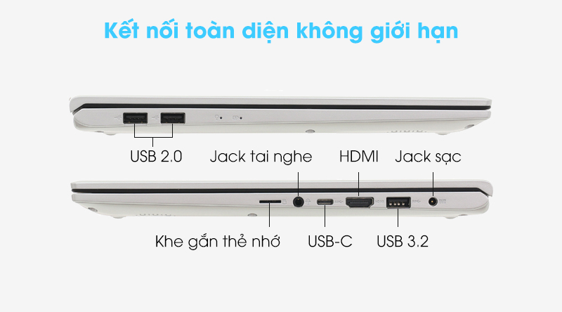 Asus VivoBook A512FA i3 (EJ2033T) được trang bị cổng USB Type-C, cổng USB 3.2 và USB 2.0, HDMI 