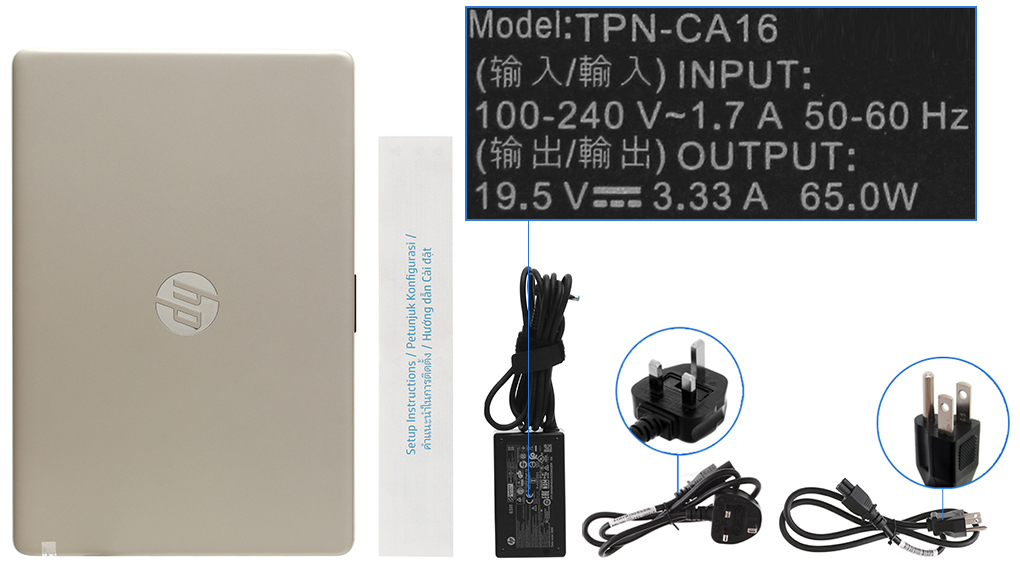 Bộ sản phẩm gồm: Dây nguồn ( 2 dây ) , Sách hướng dẫn, Thùng máy, Sạc Laptop HP