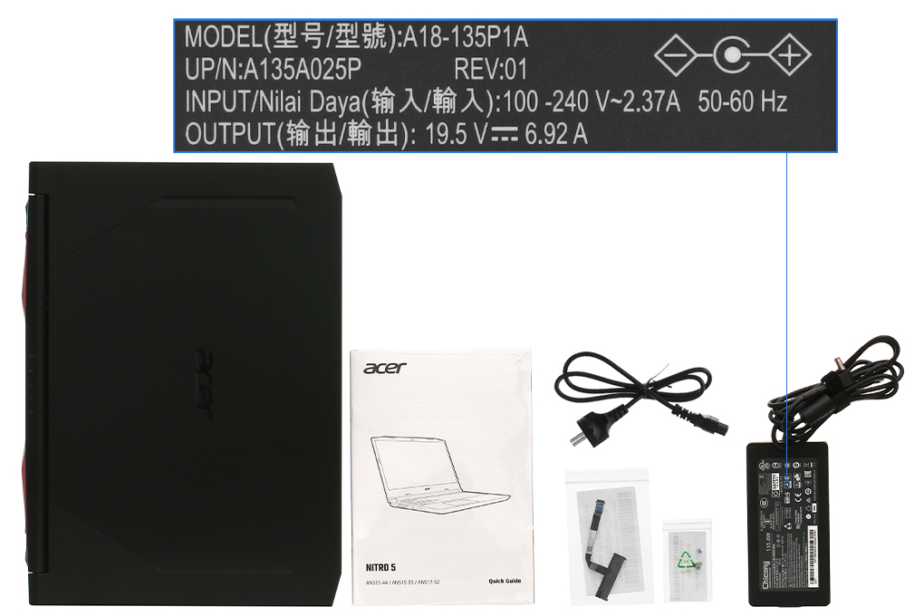 Bộ sản phẩm gồm: Dây nguồn, Sách hướng dẫn, Sạc Laptop Acer