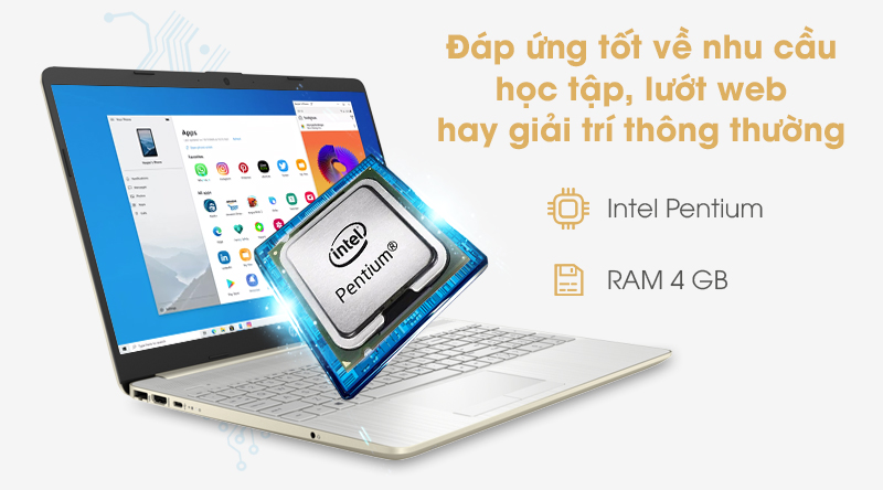 Laptop HP 15s được trang bị chip Intel Pentium 6405U, RAM 4 GB