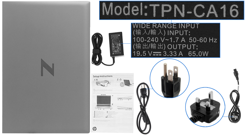 Bộ sản phẩm gồm: Dây nguồn, Sách hướng dẫn, Thùng máy, Sạc Laptop HP
