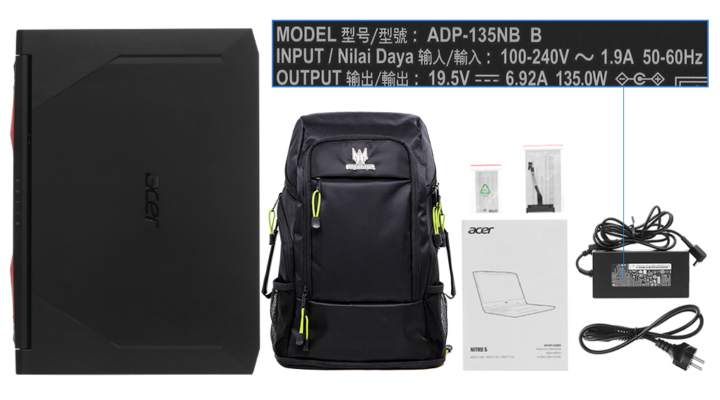 Bộ sản phẩm gồm: Dây nguồn, Sách hướng dẫn, Thùng máy, Sạc Laptop Acer