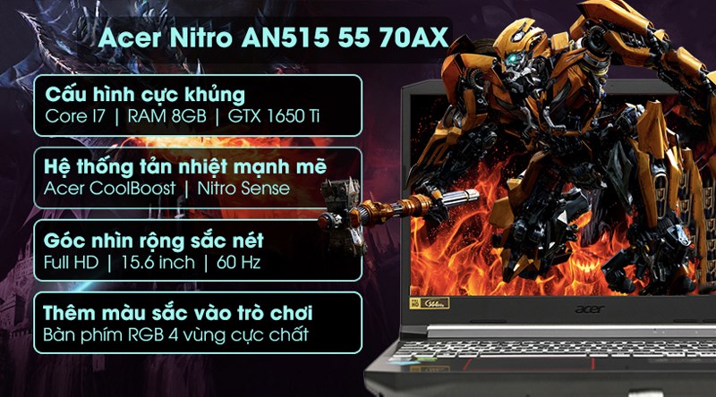 Laptop Acer Nitro 5 AN515 55 70AX i7 10750H/8GB/512GB/4GB GTX1650Ti/Win10 (NH.Q7NSV.001)