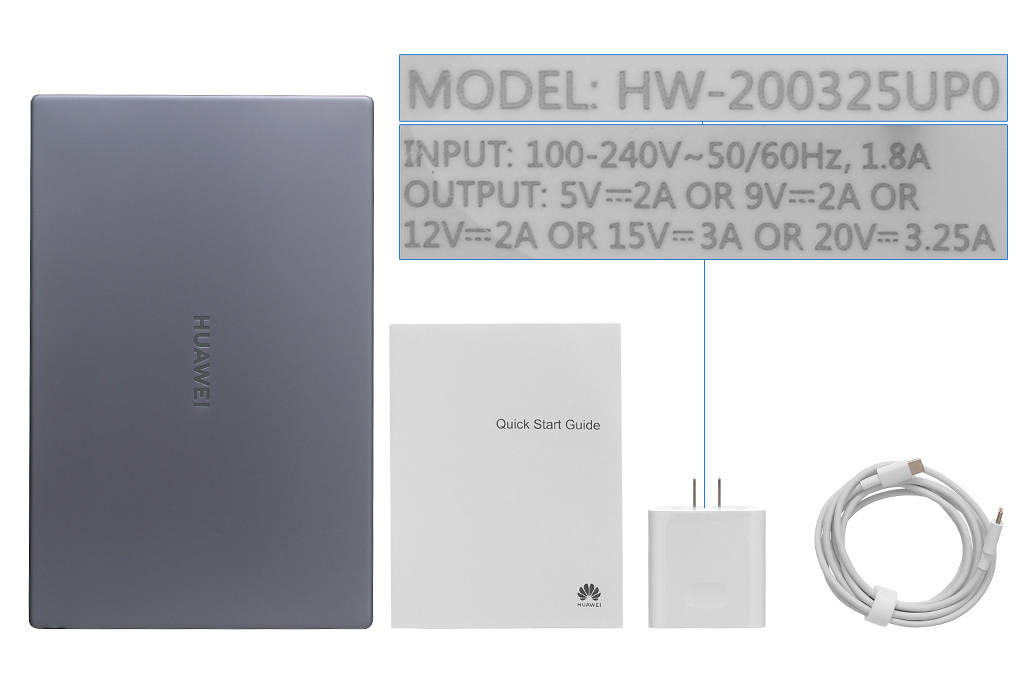 Bộ sản phẩm gồm: Sách hướng dẫn, Thùng máy, Cáp ( Type C ) , Sạc Laptop Huawei