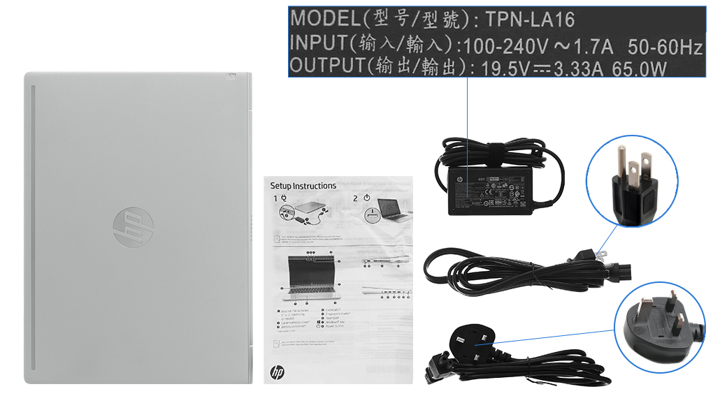 Bộ sản phẩm gồm: Dây nguồn ( 2 dây ) , Sách hướng dẫn, Thùng máy, Sạc Laptop HP